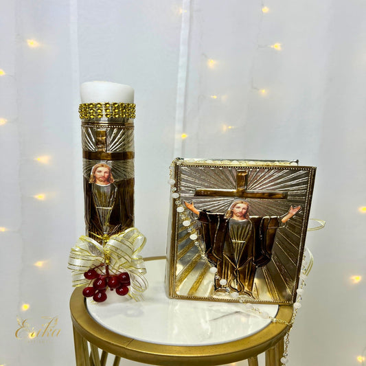 First Communion candle set in a wooden box with a large laser cut cross design featuring silver embossed Risen Christ accessories