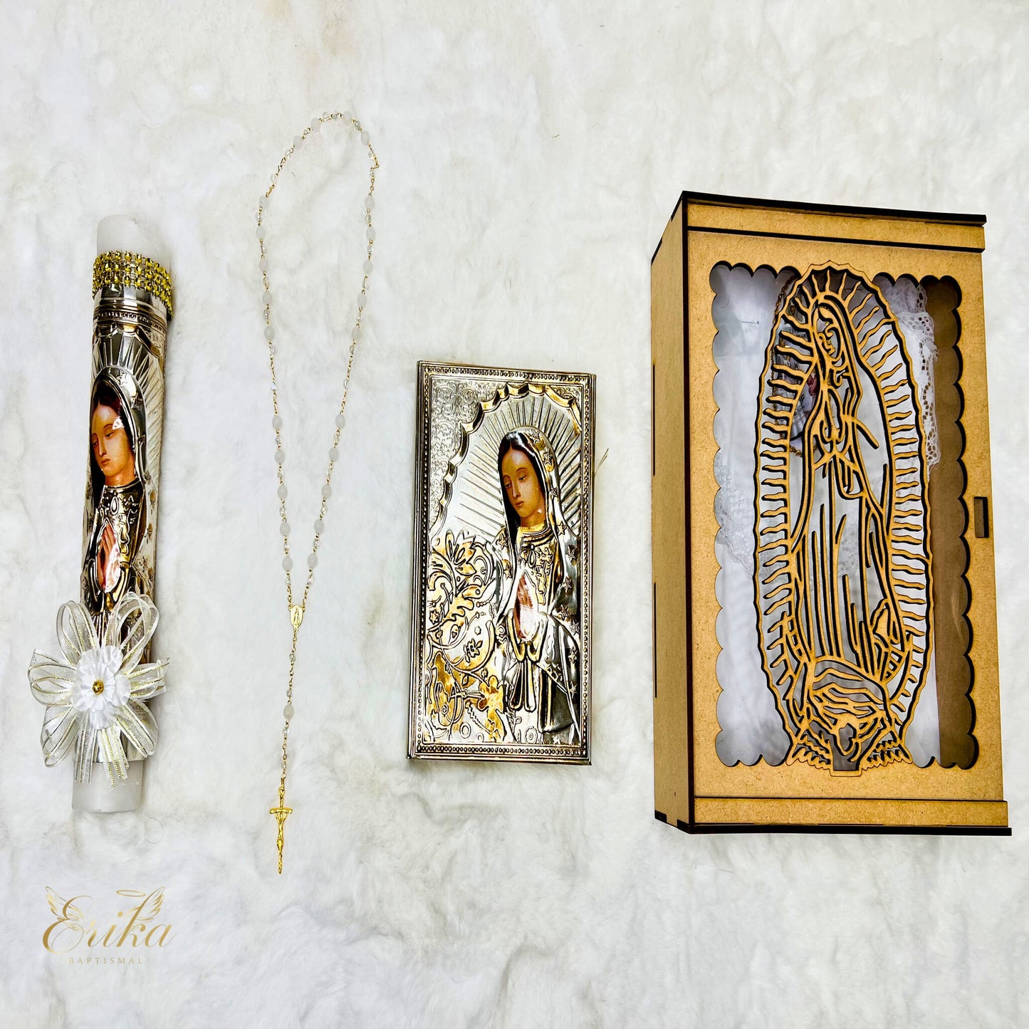 Handcrafted wood box for religious candle set with Spanish Bible