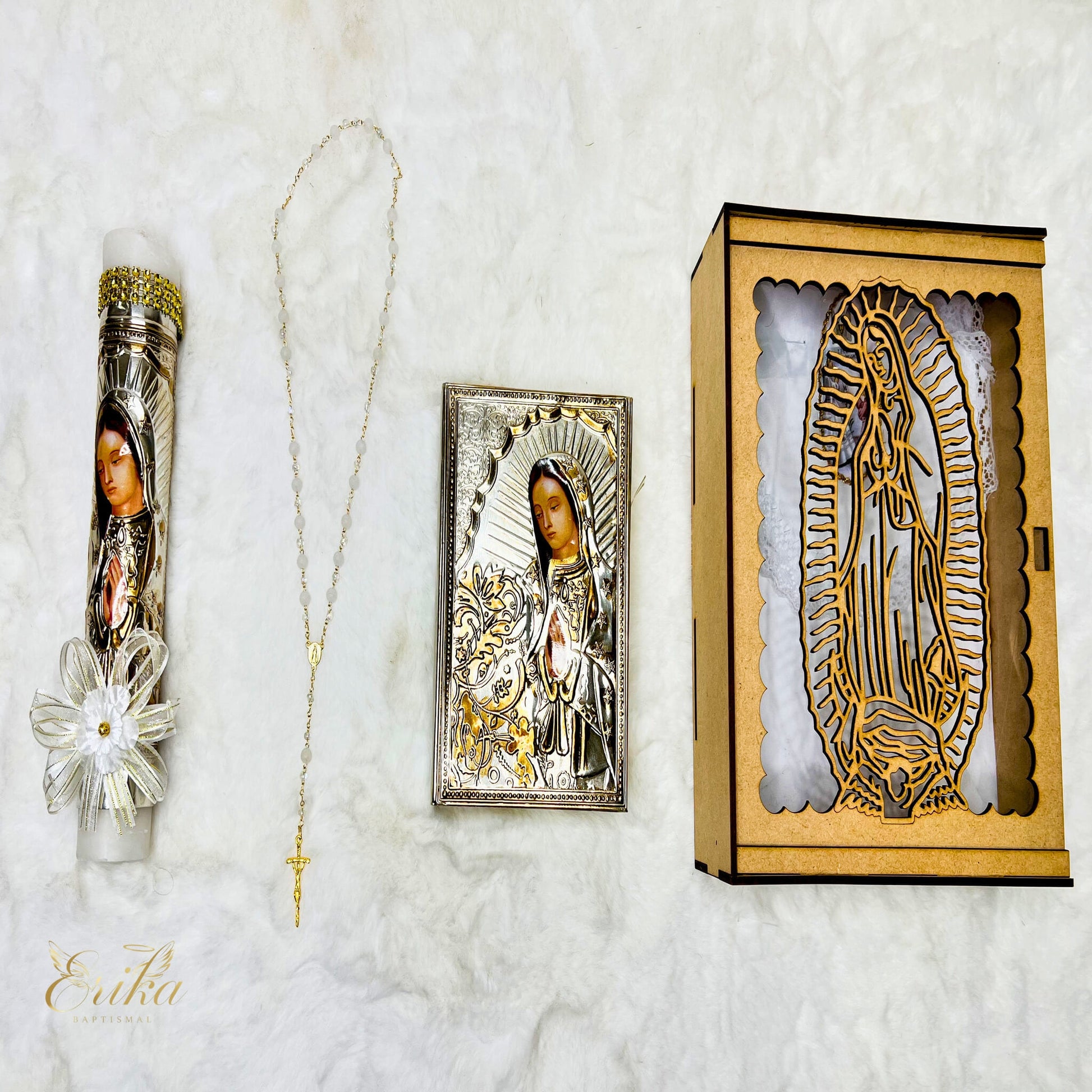 Handcrafted wood box for religious candle set with Spanish Bible